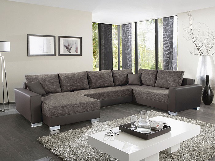 Eckcouch amy, 320x220/160cm, webstoff braun beige, kunstleder ...